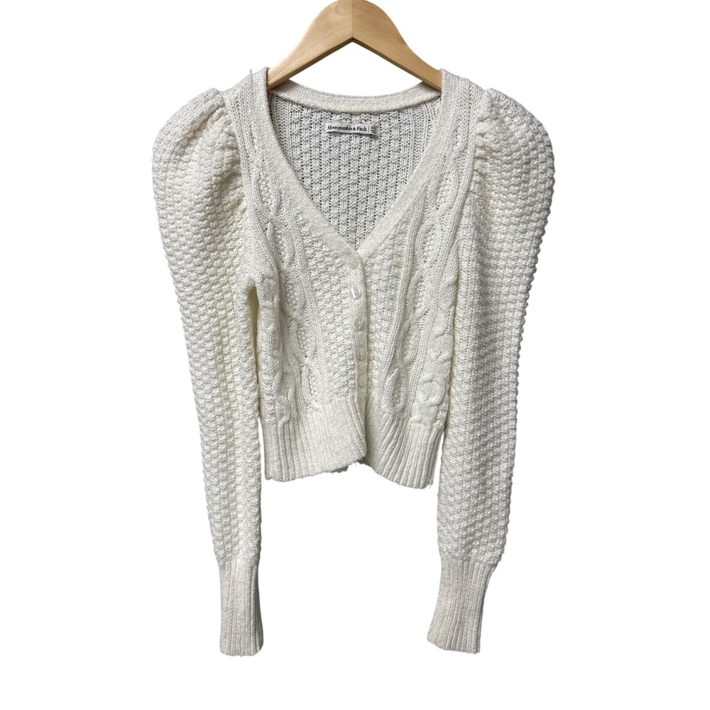 Abercrombie & Fitch Cardigan Women XXS White Puff Sleeve Cable Knit Crop Sweater